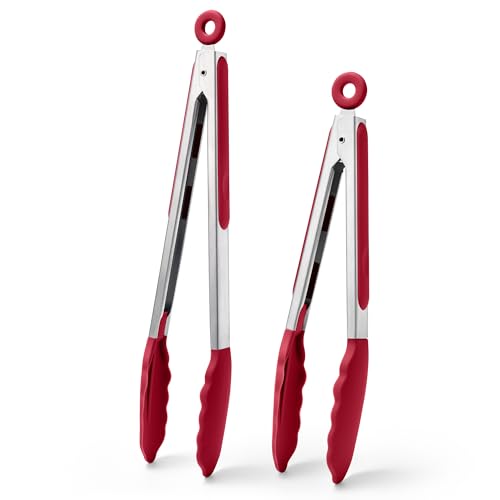 Kitchen Tongs with Silicone Tips for Cooking Serving (Set of 2 (9+12in) / Red)