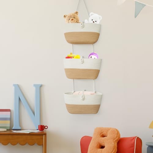 3 Tier Hanging Baskets for Storage with Pearl Button Strap (White&Jute / 3 tier+Pearl Button)