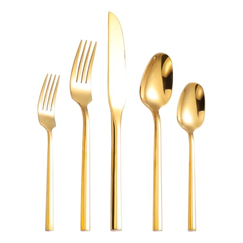 Mirror Silverware Set Gold Flatware Set with Hexagon Handle 20 Pieces 18 (Gold Mirror)