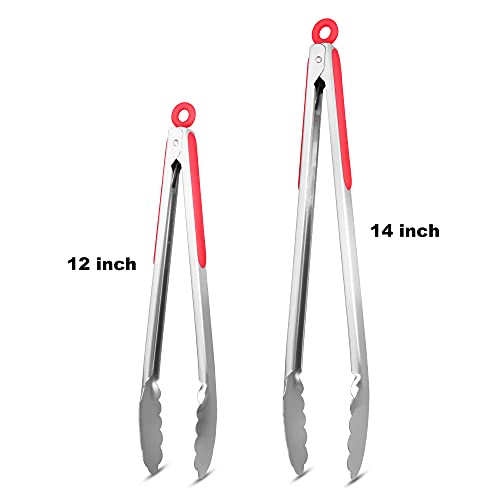 304 Stainless Steel Kitchen Cooking Tongs (12" & 14" / Red)
