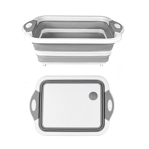 Camping Collapsible Cutting Board Dish Basin BBQ Prep Tub Camp Sink Dish Washing Station Multifunctional Storage Basket (Grey white)