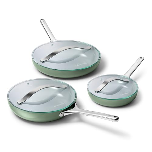 Carway Fry Pan Trio with Glass Lids (1x 8 IN, 1x 10 IN, & 1x 12 IN / Sage)
