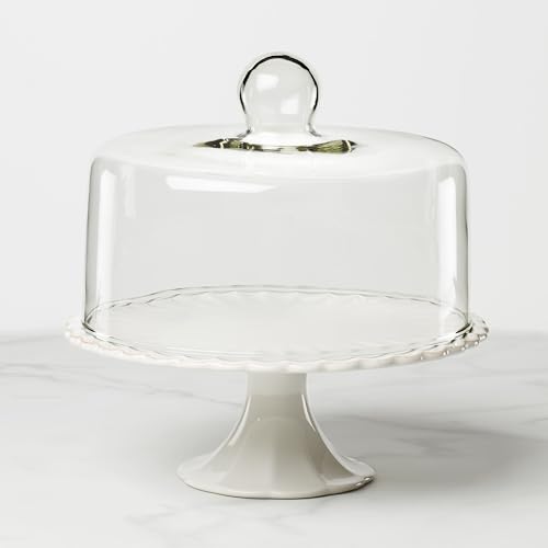 French Perle White Stoneware Cake Stand with Dome (Cake Plate / White)