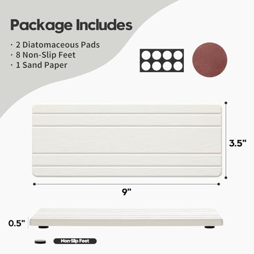 2PCS Diatomite Quick Stone Drying Tray Mat for Bathroom & Kitchen Counter (2 Pack - Natural White Grooved / 9" x 3.5")