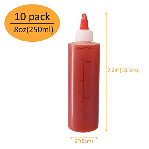 10 Pack 8 oz Graduated Plastic Squeeze Squirt Condiment Bottles ((6) 8 oz(10pack) Red Twist Cap)