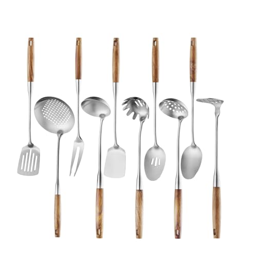 10 Pcs Cooking Utensils Set 304 Stainlss Steel Kitchen Utensils Set Heat Resistant Wooden Handle Kitchen Tools Metal Kitchen Utensil Soup Ladle Set (Wooden Handle-10 Pcs)