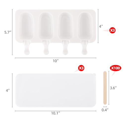 3 Set Popsicles Molds with Lids and 100 Pcs Wooden Popsicles Sticks (White / Standard Size)