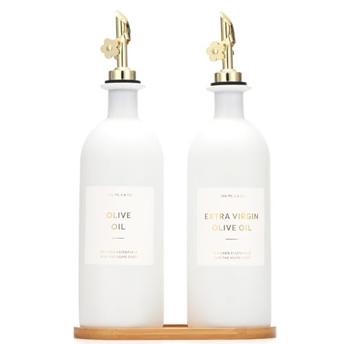 Olive Oil Dispenser for Kitchen (16oz-White&Gold Spout+Tray / 16 fl oz)