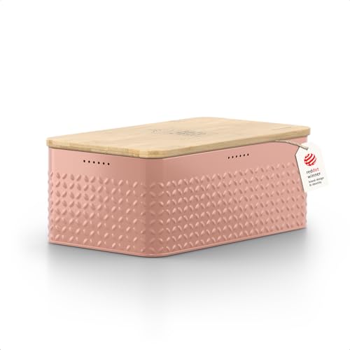 Bread Box I Metal Box with linen bag for long lasting freshness I Bread Bin with bamboo lid usable as cutting board I 13.4x7.3x5.3In