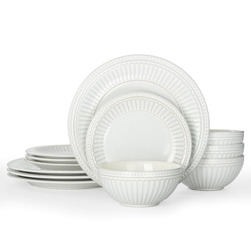 Ceramic Plates and Bowls Sets (Embossed White / Service for 4)