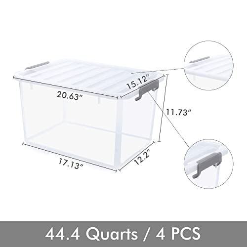 4 Pack 44.4 QT Clear Plastic Storage Bins with Latching Lids (Clear White / 4 PCS-44.4 QT)