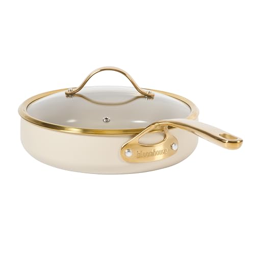 Saute Deep Frying Pan Skillet with Lid (Almond Cream w/ Gold Handle / Deep Fry Pan w/ Lid (10-Inch))