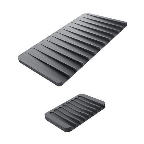 Self Draining Silicone Dish Drying Mat and Silicone Soap Dish Holder for Bathroom or Kitchen Counter in Dark Grey (Drying Mat & Soap Holder / Dark Grey)