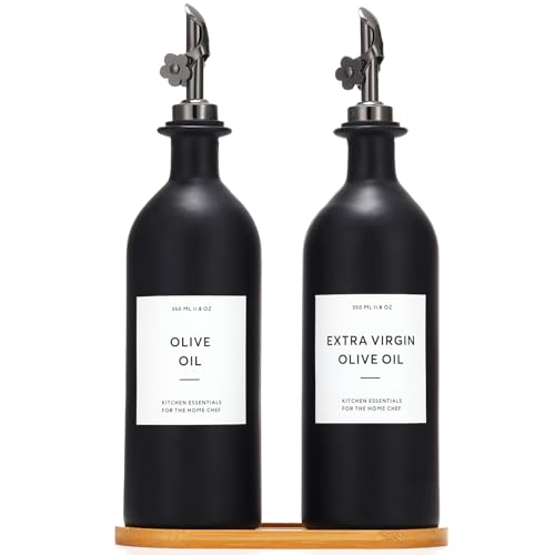 Olive Oil Dispenser for Kitchen (16oz-Black&Black Spout+Tray / 16 fl oz)