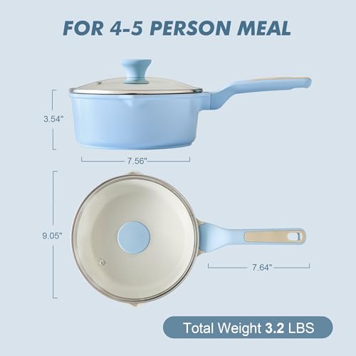 Ceramic Nonstick Saucepan with Double Pouring Spout (Glacier Blue / 3 Quarts)