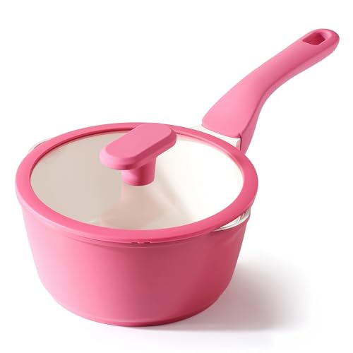 Ceramic Nonstick Saucepan with Lid (2 Quarts / Raspberry Red)