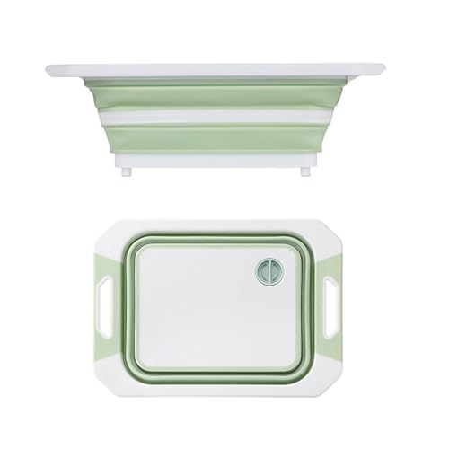 Camping Collapsible Cutting Board Dish Basin BBQ Prep Tub Camp Sink Dish Washing Station Multifunctional Storage Basket (Green White)