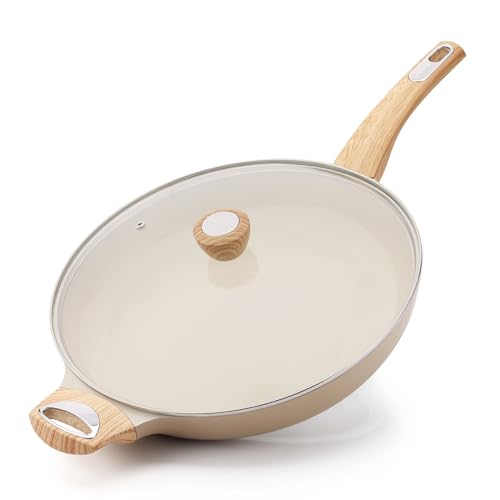 12.5inch Ceramic Nonstick Frying Pan Paella Pan with Lid (12.5 Inch / TAFFEE Taupe)