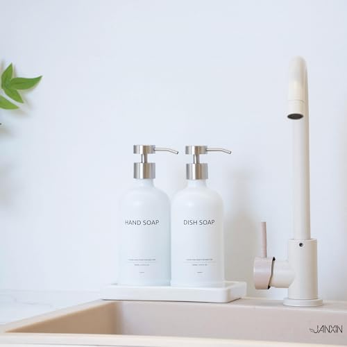 Glass Kitchen Soap Dispenser Set with Ceramic Tray (White Bottles + Silver Pumps)