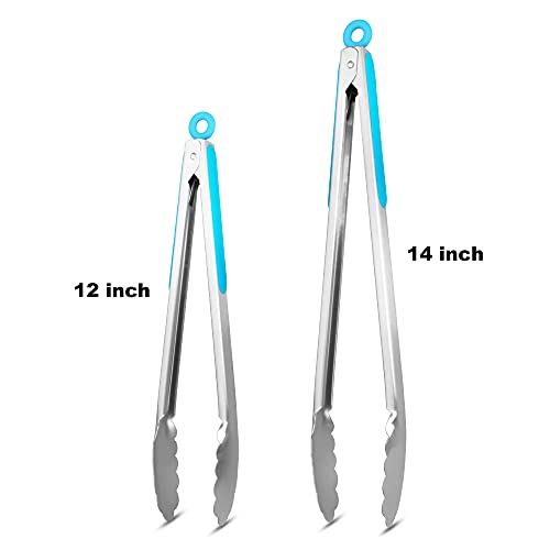 304 Stainless Steel Kitchen Cooking Tongs (12" & 14" / Blue)