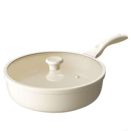 Ceramic Frying Pan with Glass Lid (Beige / 12inch Saute Pan With Lid)