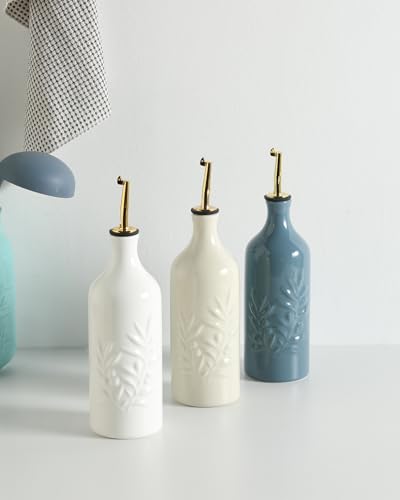 Sweejar Ceramic Olive Oil Dispenser Bottle 20 Oz Relief Opaque Oil Cruet Protects To Reduce Oxidation Suitable for Storage Vinegar (Fog Blue / 20 oz (Gold Spout), Set of 1)