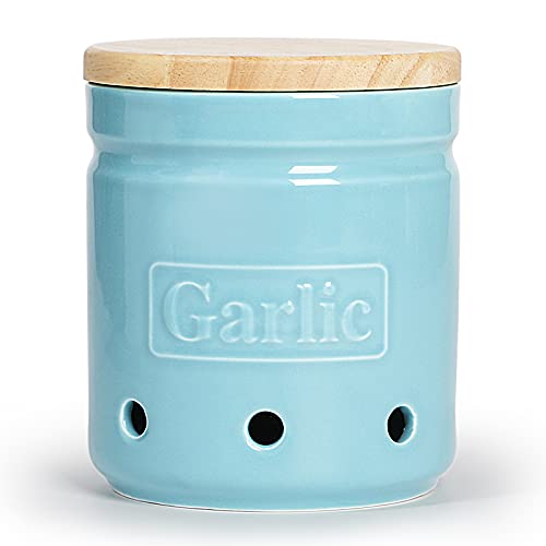 Garlic Keeper with Wooden Lid (Turquoise)