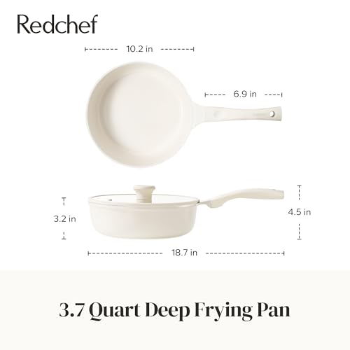 Nonstick Deep Frying Pan with Lid (Beige / 10inch Saute Pan With Lid)
