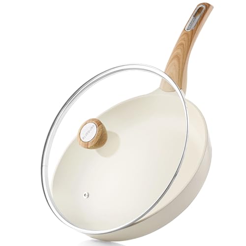 8inch Ceramic Nonstick Frying Pan Paella Pan with Lid (8 Inch / CREAM White)