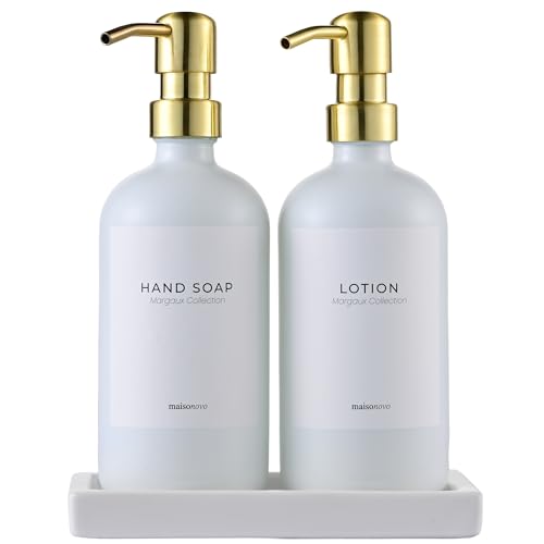 Bathroom Soap Dispenser Set (White Bottles Golden Pumps White Tray)