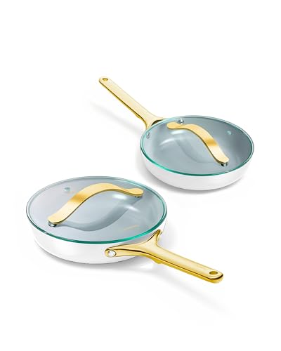 Ceramic Fry Pan Duo with Glass Lids (1x 10.5 IN & 1x 8 IN / White)