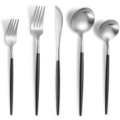 Matte Black Silver Silverware Set for 4 (Black/Silver / 20 Pieces Set)