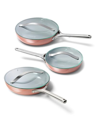 Ceramic Non Stick Fry Pan Set with Glass Lids (2x 10.5 IN & 1x 8 IN / Perracotta)