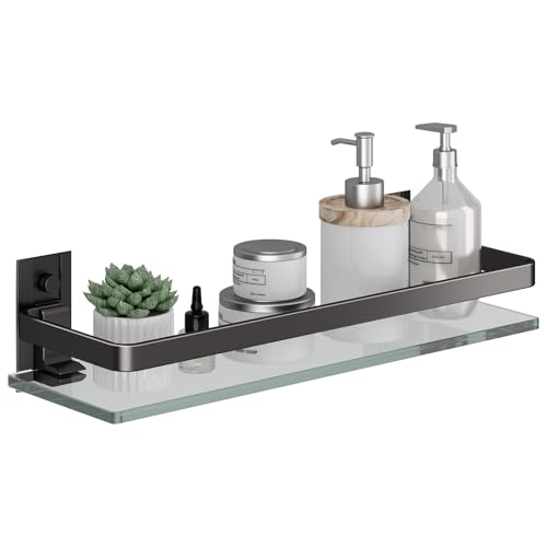 Clear Tempered Glass Wall Shelf (Black / Single Shelf)