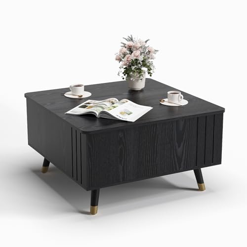 Square Lift Top Coffee Table with Storage for Living Room (Smooth Black)