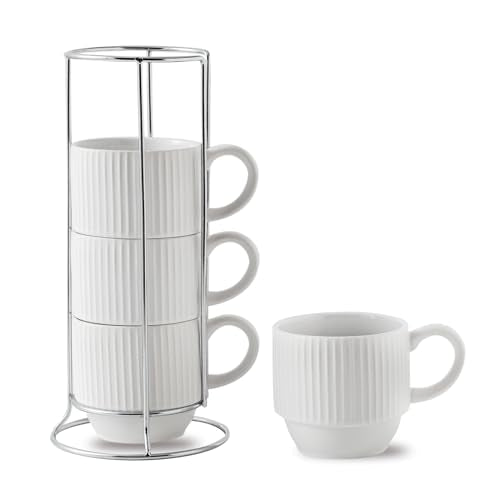 White Ceramic Coffee Mugs Set With Holder (White / 12 Ounces)