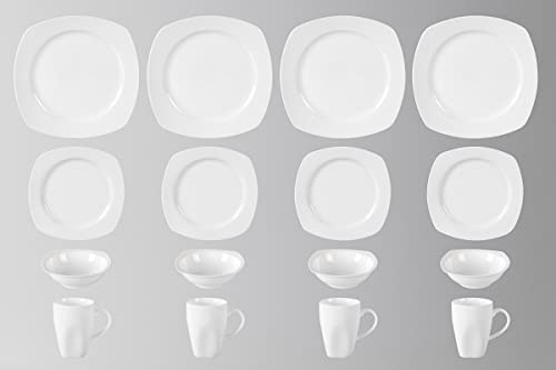 HomeVss New Bone China Embossed Dinnerware Set (Square Coupe / Service for 4 - 16pc Set)