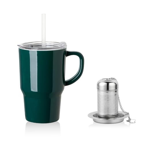 Sweejar Ceramic Tea Cup with Lid (Jade / Travel Cup(16 Fl Oz))