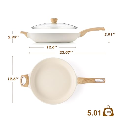 12.5inch Ceramic Nonstick Frying Pan Paella Pan with Lid (12.5 Inch / CREAM White)