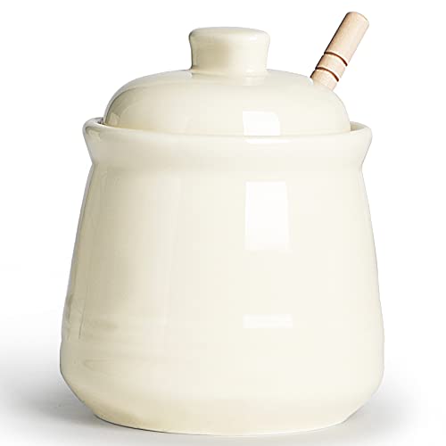 Porcelain Honey Jar with Lid and Honey Dipper (Beige)