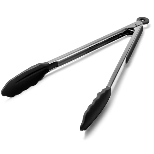 Kitchen Tongs with Silicone Tips for Cooking Serving (12in / Black)