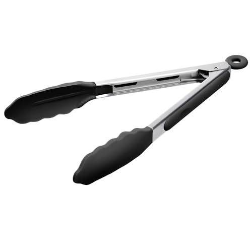 Kitchen Tongs with Silicone Tips for Cooking Serving (9in / Black)