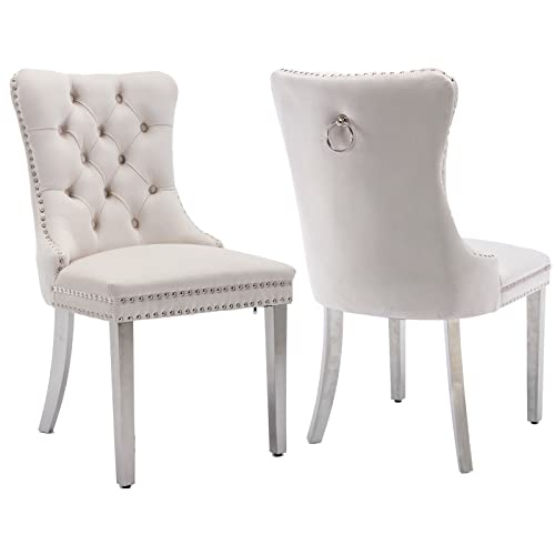 Beige Velvet Dining Chairs Set of 2 (Natural Beige)