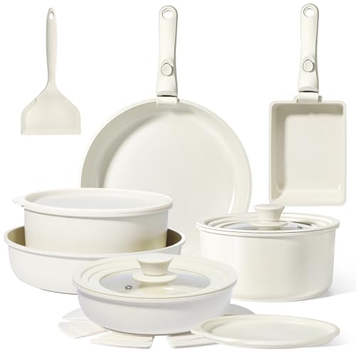 Pots and Pans Set Non Stick (Cream White / 17PCS-Standard)