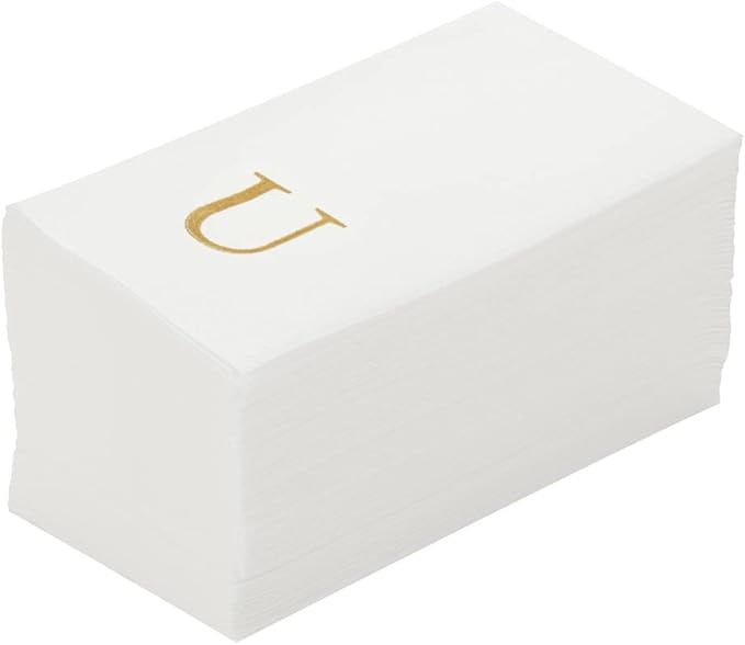 Luxenap 15.8 X 7.9 Inch Linen-Feel Guest Towels, 2000 Lettered Hand Towels - Gold Letter 'U', Sans Serif Font, White Paper Dinner Napkins, airlaid, For Restrooms And Tables