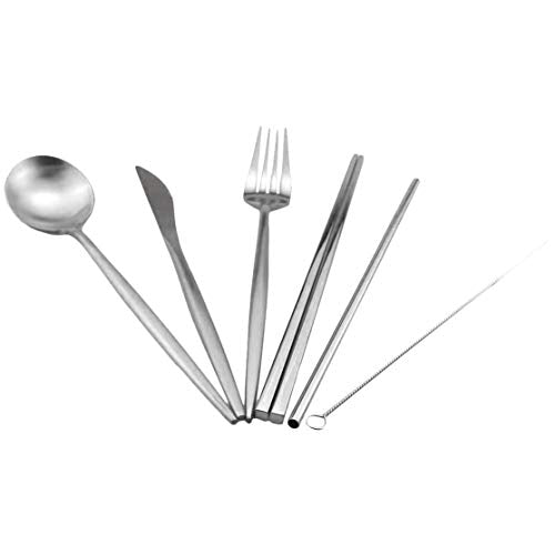 Reusable Travel Utensils (Khaki Pouch / Silver)