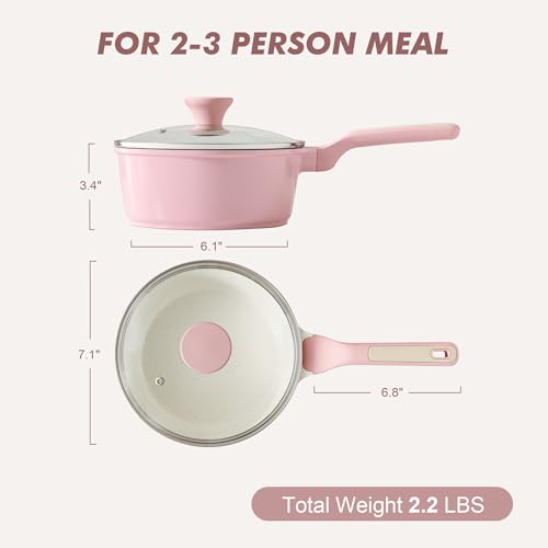 2QT Ceramic Nonstick Saucepan with Lid (Sakura Pink / 2 Quarts)