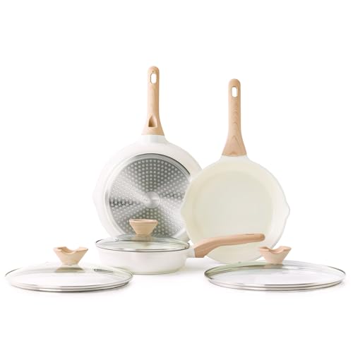 Ceramic Nonstick Frying Pan Skillet Set with Lid (White Ceramic / 8+9.5+11 Inch w/ Lid)