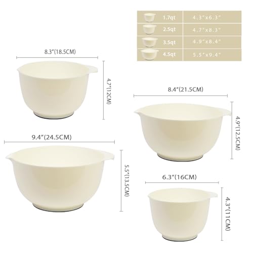 4.5 Quart Large Plastic Mixing Bowls set with Pour Spout (Beige)