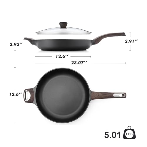 12.5inch Nonstick Frying Pan Paella Pan with Lid (12.5 Inch / NIGHT Black)